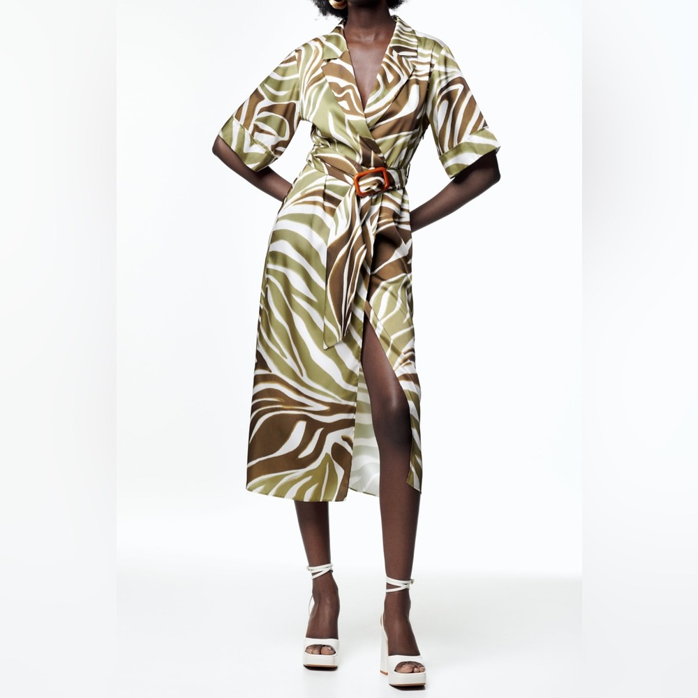 Zara Olive and Tan Zebra belted Midi Dress, size XS